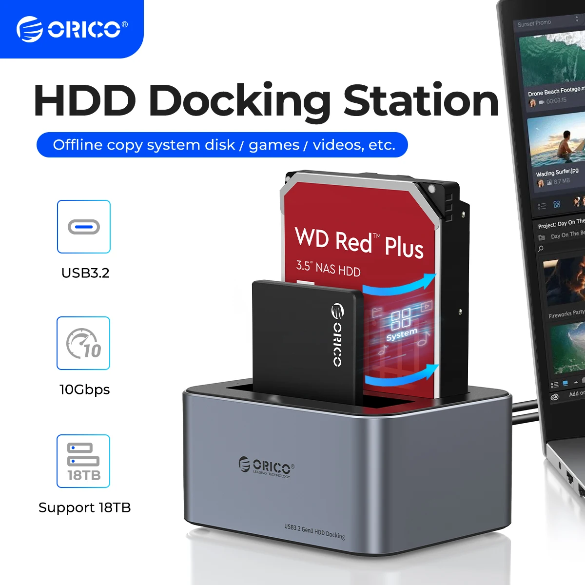 ORICO Estación de disco duro de doble bahía de aluminio tipo C 10 Gbps con clon sin conexión 2,5/3,5 "caja HDD disipación de calor más fuerte