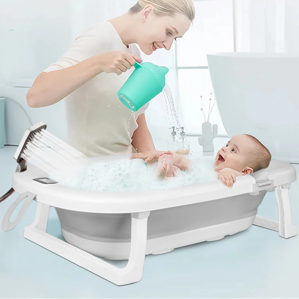 Bañera plegable para bebé con alfombrilla de baño, bañera para bebé con termómetro integrado, bañera portátil para bebés de 0 a 36 meses