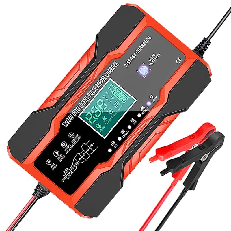 Cargador de batería de coche de 12V-24V, completamente automático, 12V, 10A, cargador de batería de coche Digital, reparación de pulso para AGM GEL, ácido de plomo húmedo