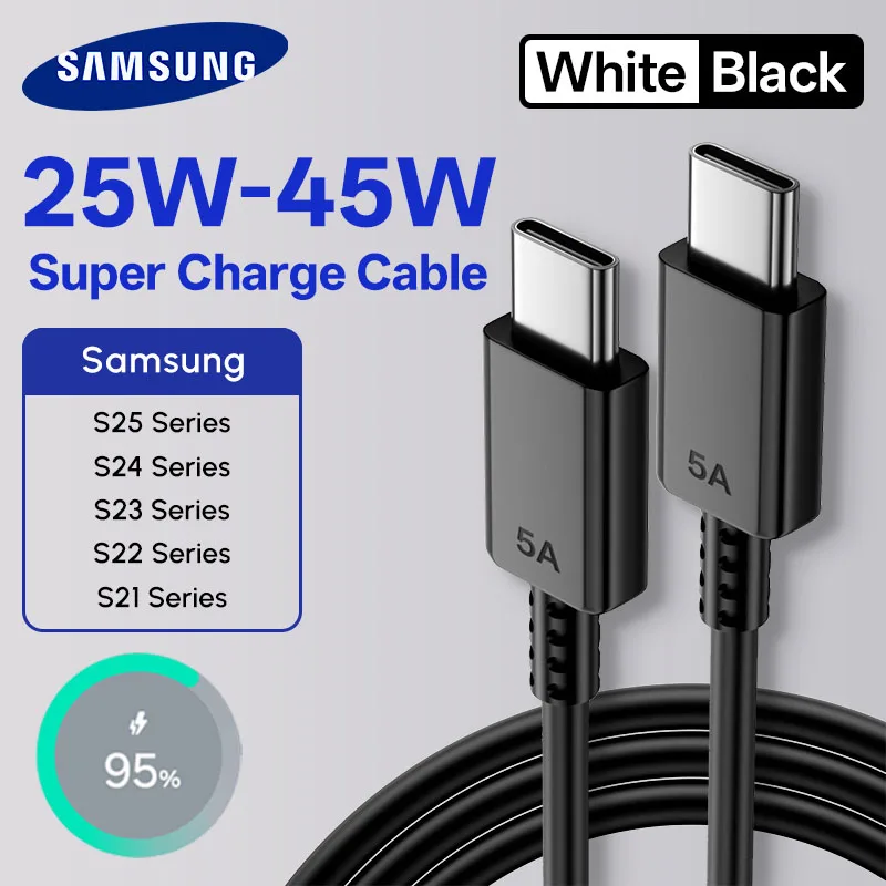 Cable PD Original Samsung de 45W, USB Tipo-C, Cargador Superrápido de 25W 5A para Samsung S25 S24 S23 S22 Note 20 A15 A33 A34 A54