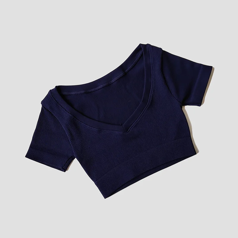 Tops sin costuras para mujer, camisas de Yoga de manga corta con cuello de pico profundo, Top corto de Fitness, camisas de Yoga para mujer, ropa deportiva para gimnasio