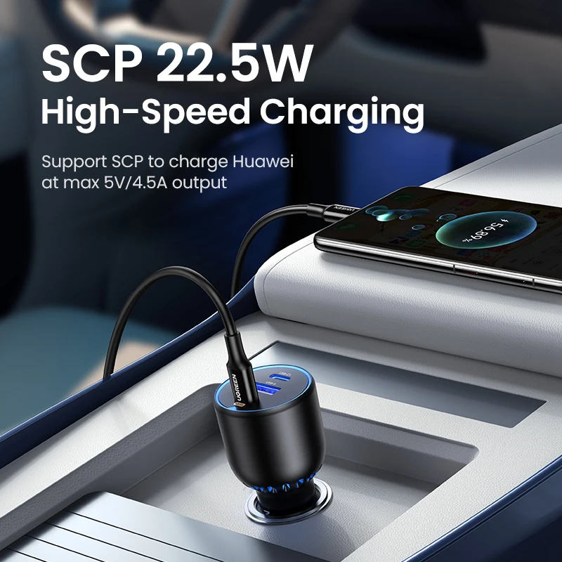 Cargador Rápido para Auto UGREEN 130W USB C para Xiaomi, iPhone 18, Samsung Galaxy S25, Laptops, Carga Rápida PD3.0, Cargador USB Tipo C para Auto