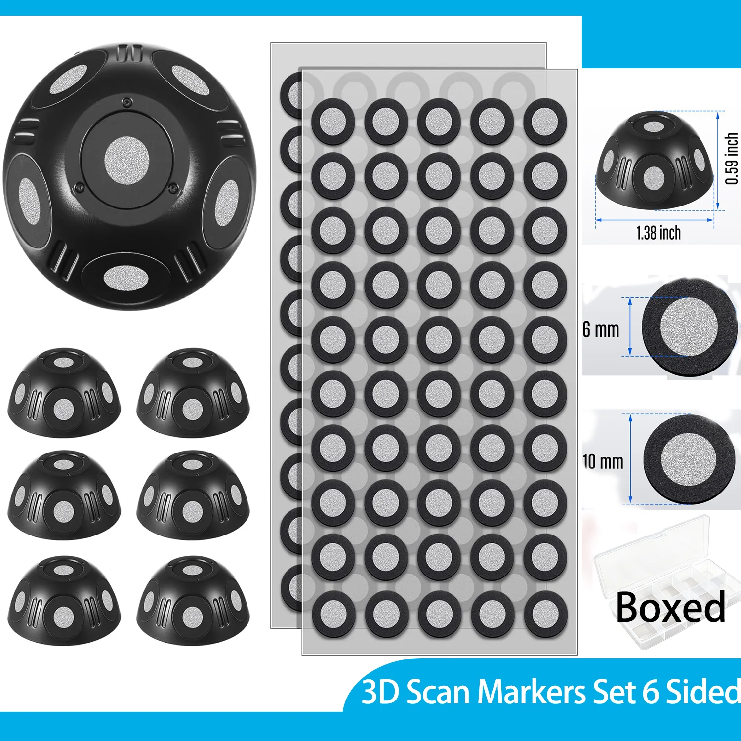 Juego de Marcadores de Escaneo 3D para Impresora 3D, 6 Caras, 6.0 mm, Marcadores de Escaneo 3D, Pegatinas de Puntos, Compatible con Escáner de Pulverización y Plataforma Giratoria