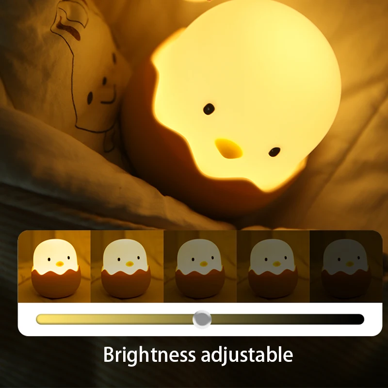 Luz nocturna de pollo de cáscara de huevo, luz LED de dibujos animados para dormitorio, luz ajustable táctil, luz cálida recargable, luz de ambiente
