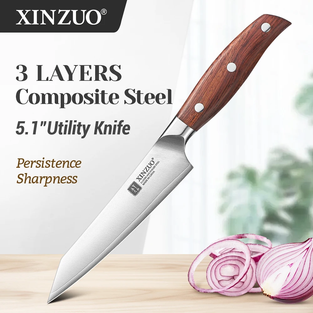 Cuchillo Multiusos XINZUO de 3 Capas de Acero Compuesto de 5'' para Pelar, Cortar y Rebanar, Cuchillo de Cocina Afilado