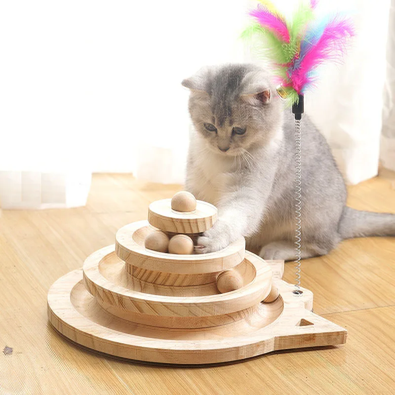 Juguete de madera para gatos de 2/3 niveles, torre de pistas, disco de diversión de inteligencia para gatos, disco de juego Triple, juguetes para gatos, juguetes de entrenamiento de pelota