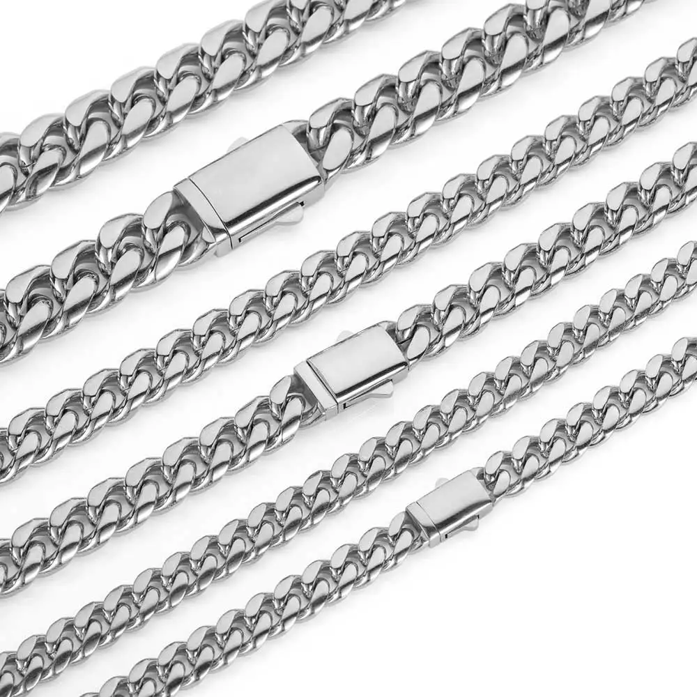 Cadena Cubana de Acero Inoxidable de Alta Calidad, Color Dorado, Ancho de 8-14 mm, Resistente al Agua, para Hombre y Mujer, Collar de Eslabones, Varios Tamaños