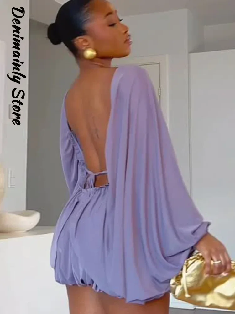 Vestido Mini Boho con Cordones para Mujer, Cuello Redondo Holgado, Manga Murciélago Plisada, Vestidos sin Espalda, Túnica de Fiesta para Vacaciones de Verano 2026
