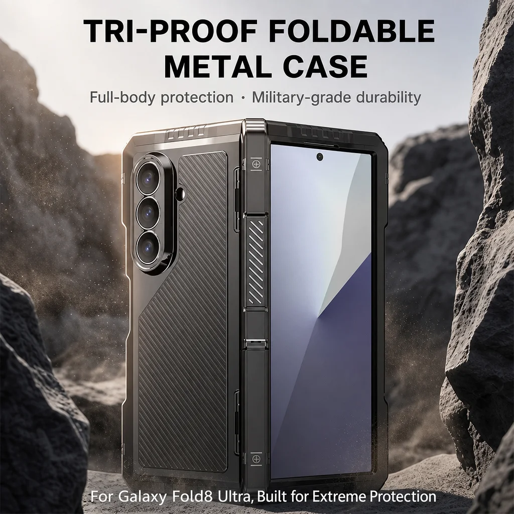 Funda de teléfono metálica plegable Tri-Proof para Galaxy Fold8 Ultra, Z-Fold6/7, 360 °   Protección Total de Grado Táctico a Prueba de Golpes y Polvo