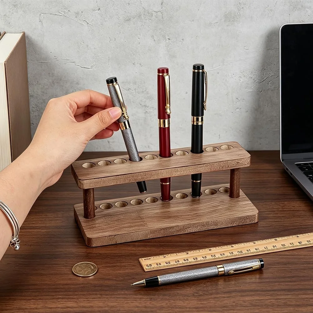 Expositor de Madera para 10 Bolígrafos, Color Marrón Coco, Organizador Vertical de Escritorio de Madera Maciza con Acabado de Madera Dura, Soporte para Bolígrafos de Tinta