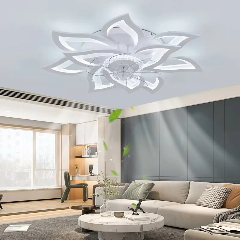 Ventilador de Techo con Iluminación, Ventilador Moderno sin Aspas con Forma de Flor, Regulable, Control Remoto/App, Temporizador, 6 Velocidades, Lámpara de Techo