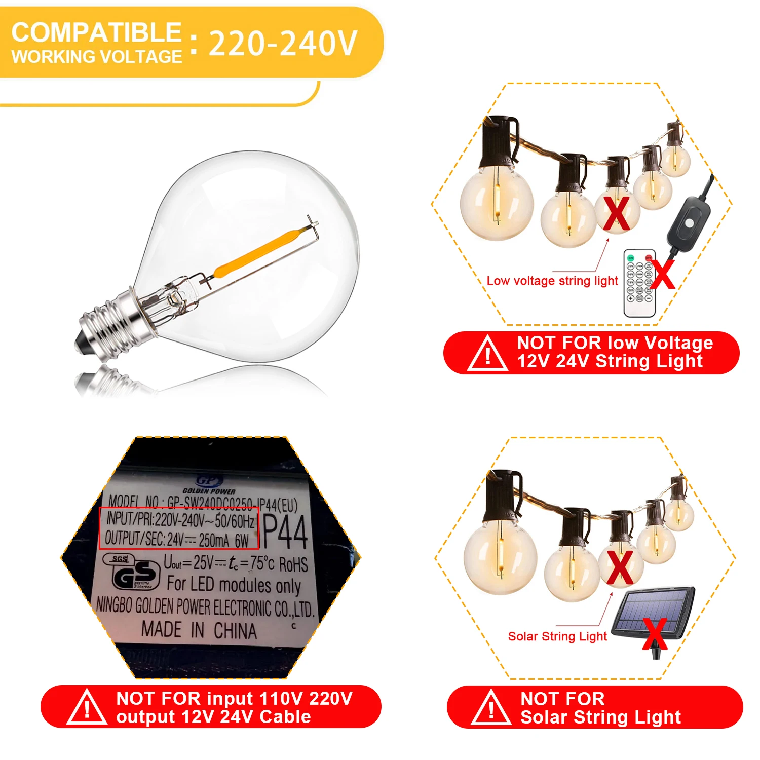 G40 bombillas de repuesto de luz LED E12 220V 110V bombilla de globo blanco cálido 2200K 10W equivalente decoración interior y exterior