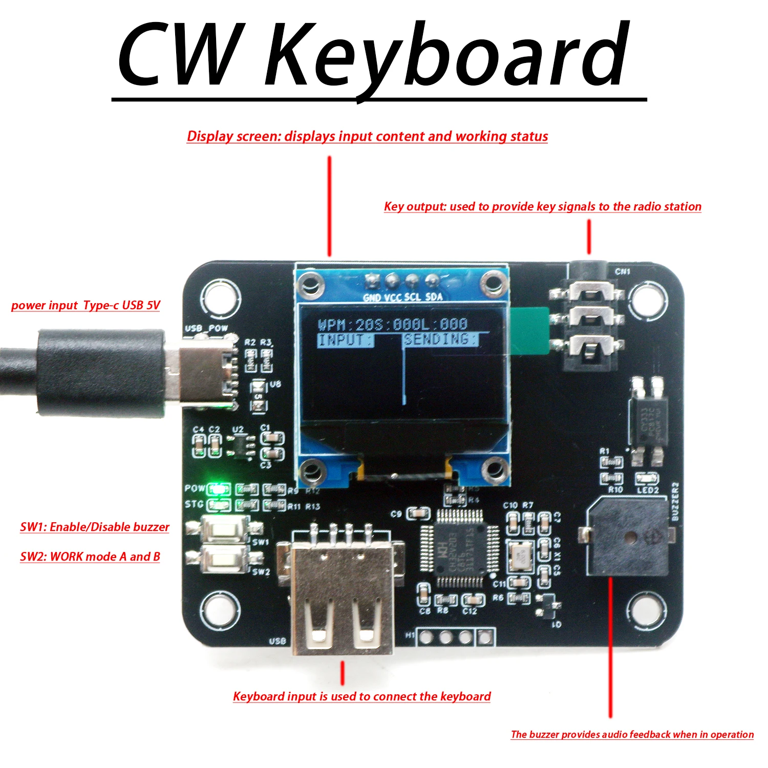 Ham Radio CW Teclado de práctica y transmisión con pantalla OLED y USB, teclado electrónico de código Morse para entrenar radio aficionados
