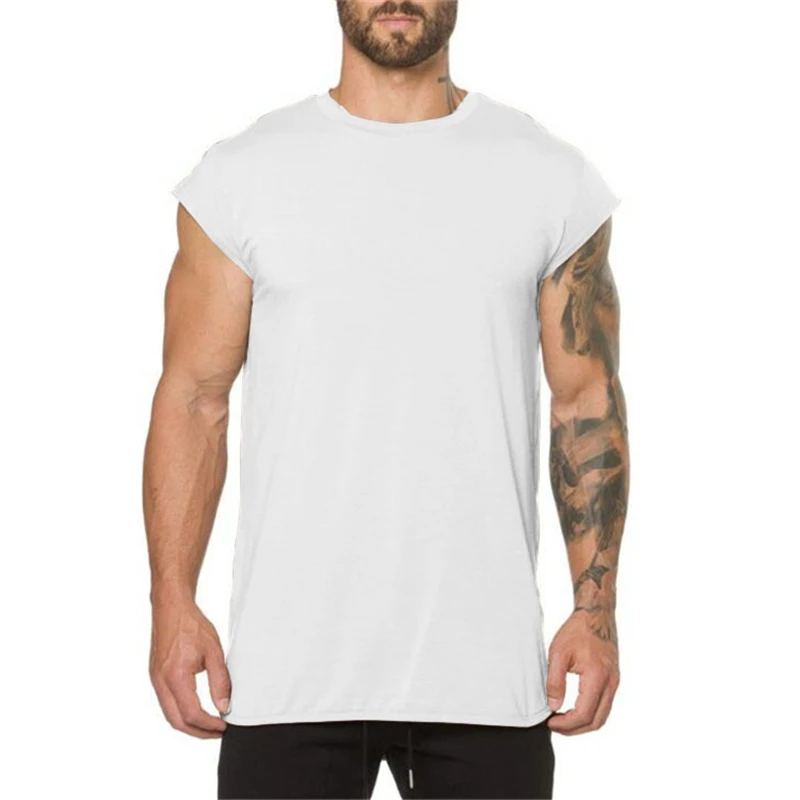 Camisas musculares de entrenamiento de Color sólido para hombre, camiseta de manga pequeña transpirable de algodón para gimnasio y culturismo, camisetas informales de Fitness Hip Hop