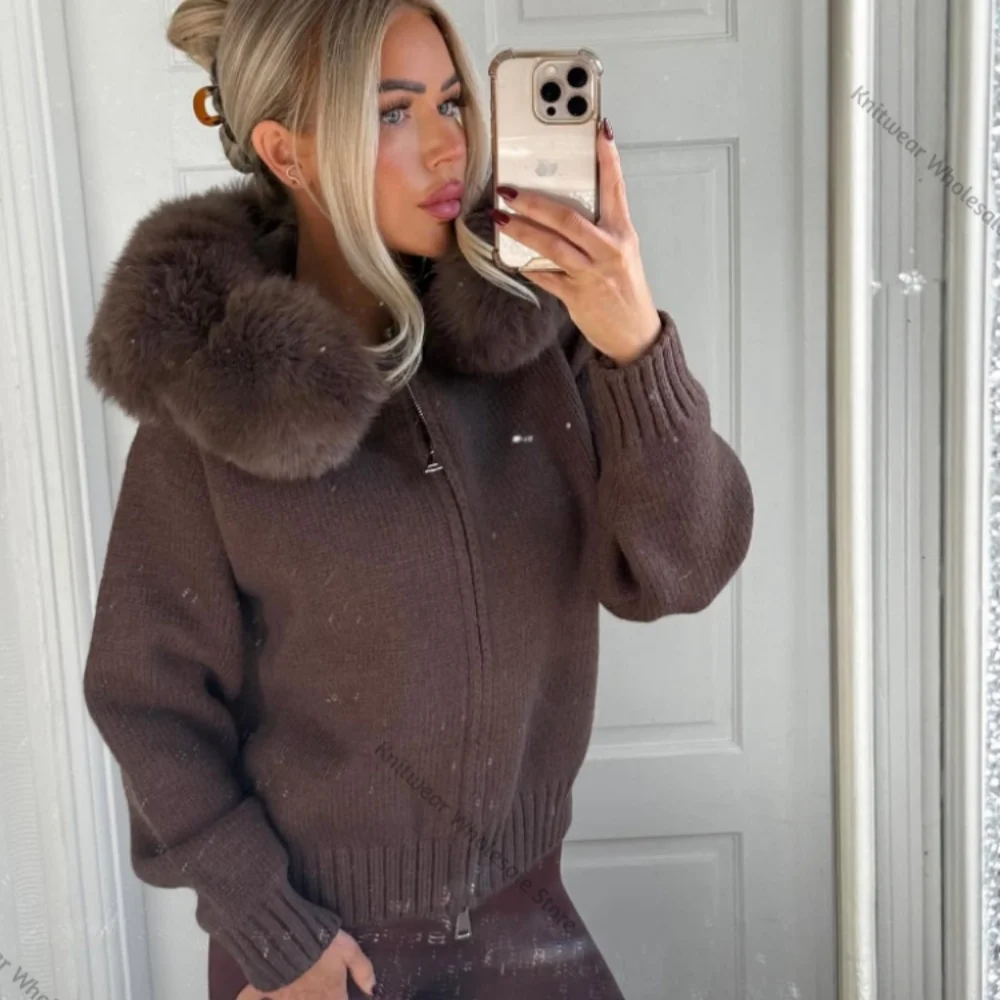 2024 moda Otoño Invierno Casual con capucha cuello de piel de zorro Real moda Chaqueta corta de punto con abrigo de piel Natural para mujer
