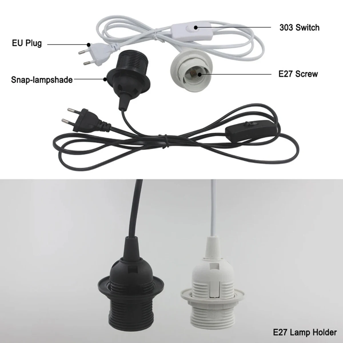 Cable de alimentación de 1.8m con enchufe EU/US, base de lámpara E27 con interruptor y cable para lámpara colgante.