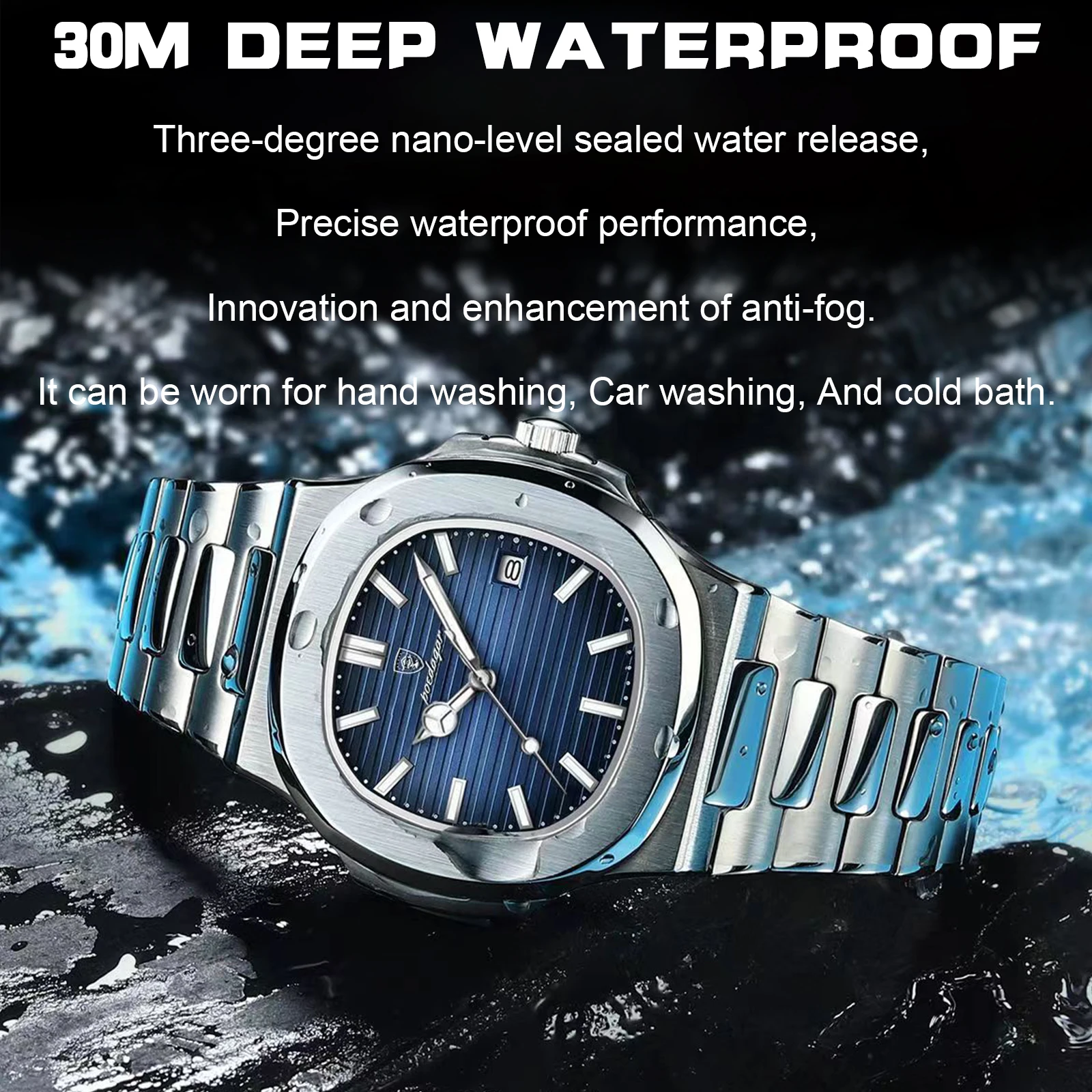 Reloj de pulsera POEDAGAR cuadrado de lujo para hombre, resistente al agua, fecha luminosa, reloj masculino de acero inoxidable, relojes de cuarzo deportivos de negocios para hombre