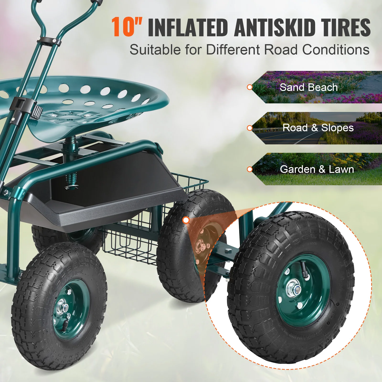 SucceBuy Carro de jardín Asiento de trabajo con ruedas Taburete de jardinería para plantar Asiento giratorio de 360 grados Carro Scooter con dirección