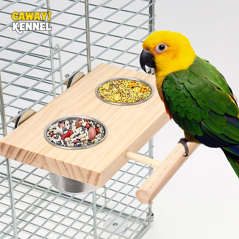 Cuenco de acero inoxidable para pájaros, plato de alimentación, tazas, soporte de percha de madera, jaula para loros, alimentador para pájaros de compañía, cacatúas, Lovebird Conures, 1 ud.