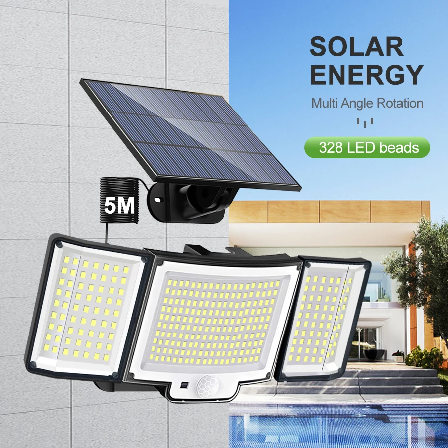 Lámpara Solar de 348 LED, Luz de Seguridad para Exteriores con Sensor de Movimiento, Impermeable, Foco Solar Potente de 126/328 LED para Jardín y Garaje