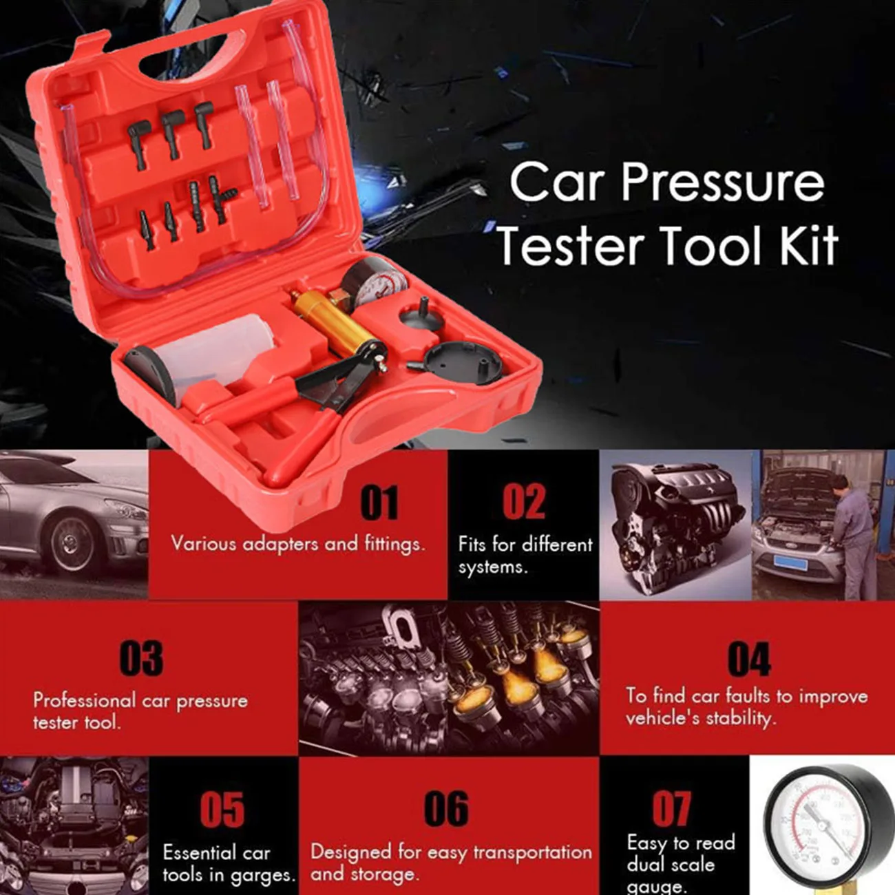 Bomba de presión de vacío Manual 2 en 1, Kit de drenaje de líquido de frenos, probador de bomba de pistola de vacío, manómetro de vacío de aluminio duradero portátil