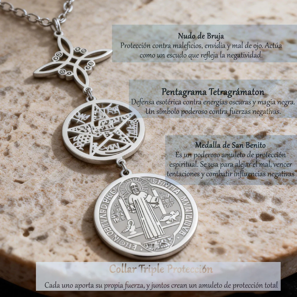 Collar de triple protección con nudo de bruja, pentagrama, tetragrammaton, San Benito, amuleto con símbolo espiritual de acero inoxidable, joyería