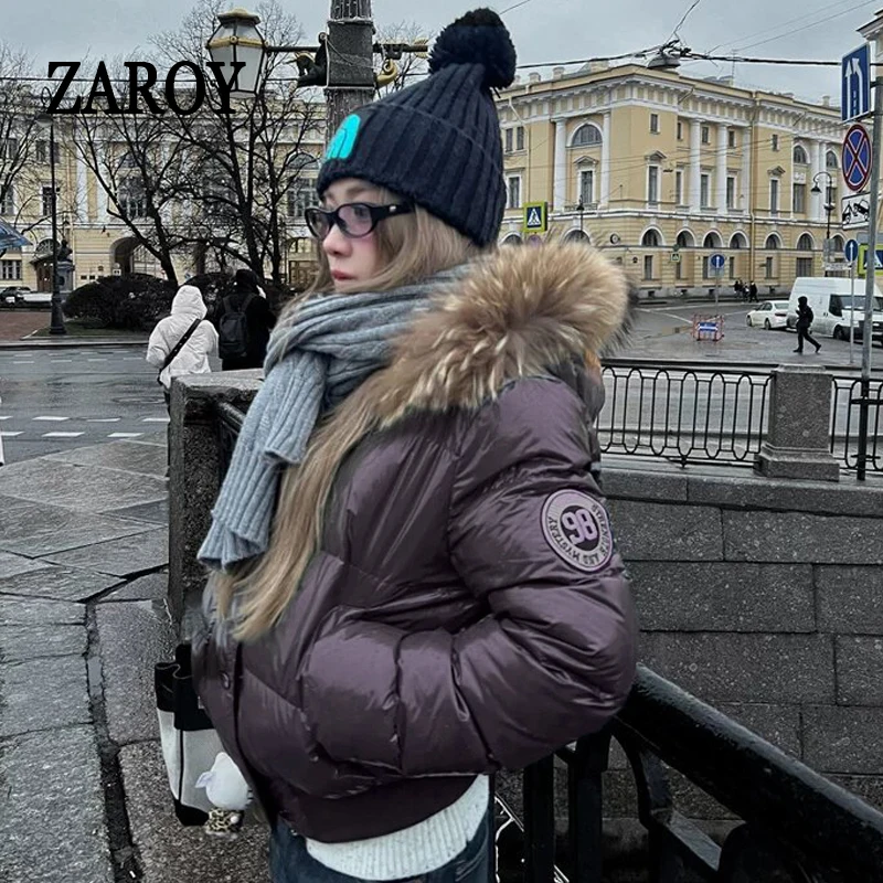 ZAROY Chaqueta acolchada de algodón con capucha de piel sintética para mujer, abrigo de invierno con bolsillos con cremallera, parkas acolchadas retro Y2K, ropa de abrigo de estilo urbano