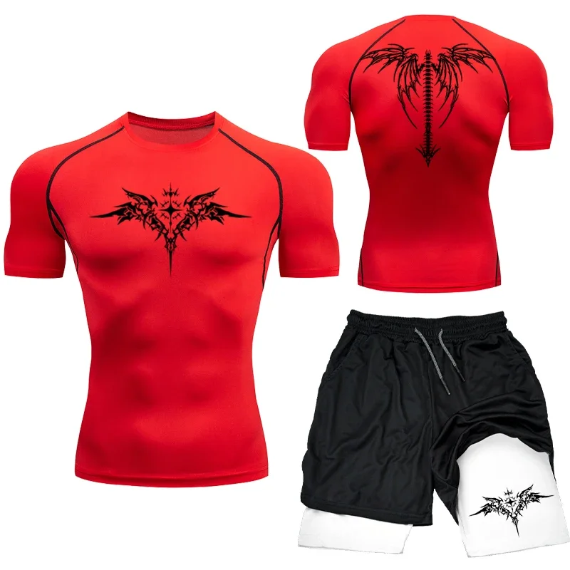 Nuevo conjunto de compresión de boxeo MMA, ropa deportiva para hombres, pantalones cortos de gimnasio de secado rápido, camiseta para correr, entrenamiento, traje deportivo ajustado Rashguard, 2 uds.