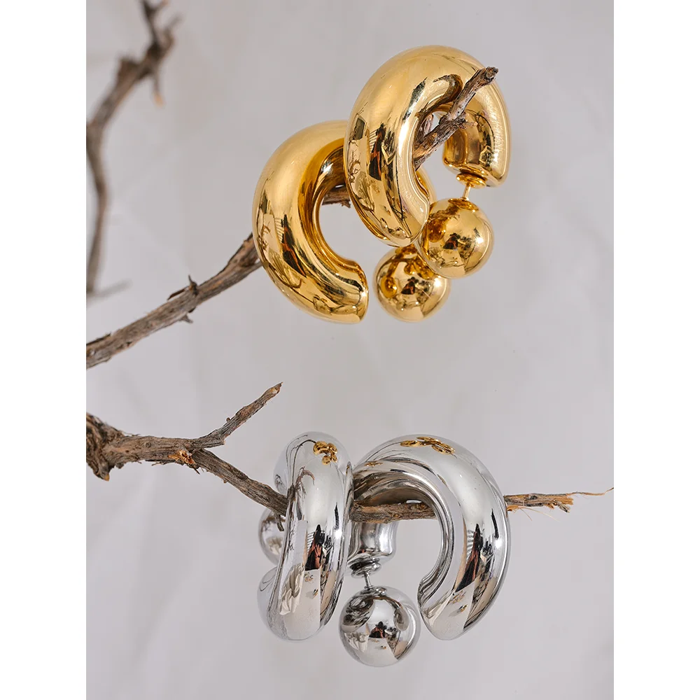 Yhpup-pendientes inusuales gruesos redondos en forma de C de acero inoxidable, joyería resistente al agua, textura de Metal, accesorios atractivos para mujer, regalo