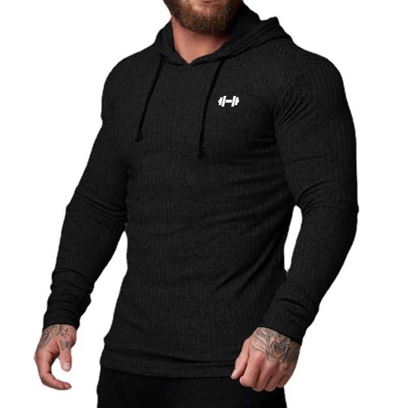 Otoño transpirable de secado rápido de punto con capucha camisa hombres Fitness deporte de manga larga Sudadera con capucha gimnasio culturismo músculo Slim Fit jerseys
