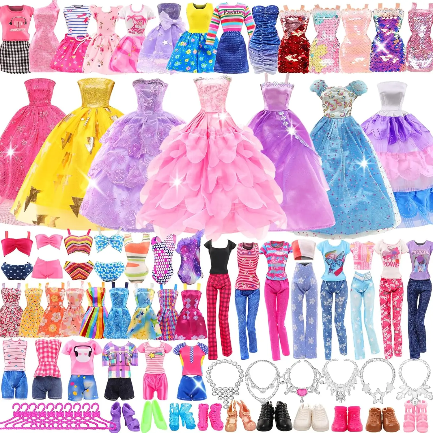 45 piezas de ropa para muñecas de 11.5'' = 2 vestidos de novia, 2 blusas, 2 pantalones, 2 vestidos, 2 trajes de baño, 5 faldas con tirantes, 10 zapatos, 22 accesorios para muñecas de 30 cm.