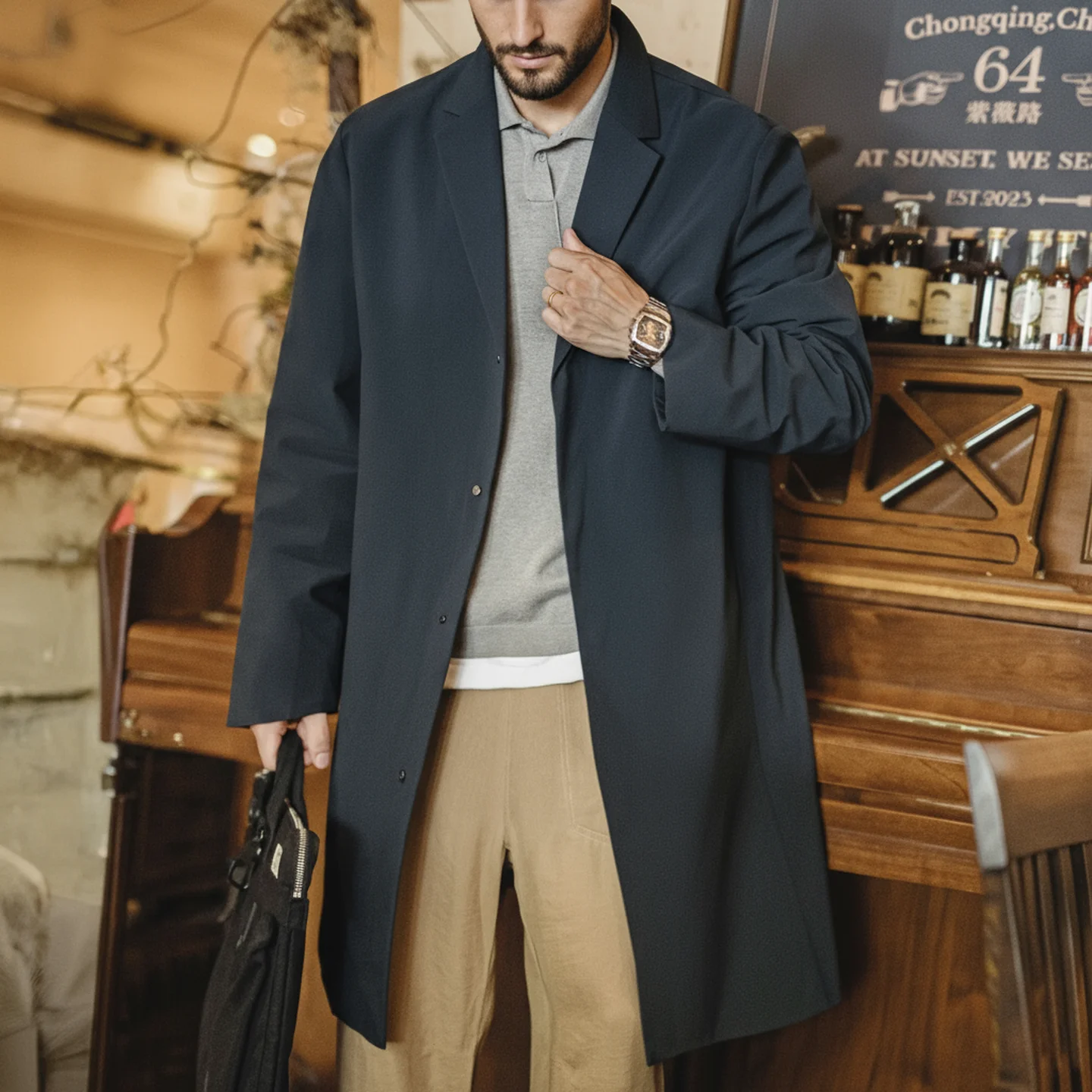 Maden Gabardina vintage para ir al trabajo para hombre, abrigo repelente al agua de longitud media, cortavientos con ventilación trasera y solapa azul para primavera y otoño