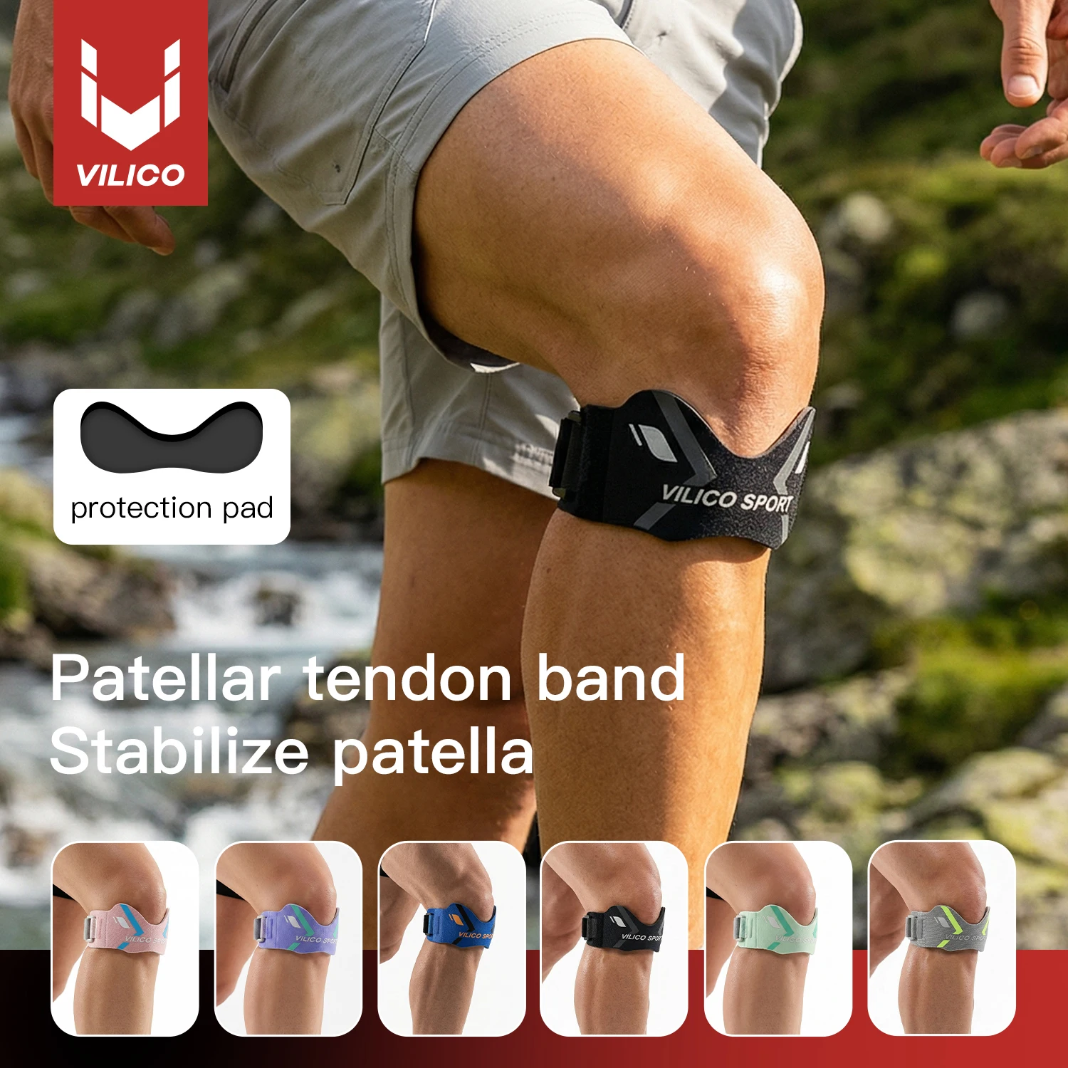 VILICO Correa de Soporte Ajustable para Tendón Rotuliano, Banda Estabilizadora de Rodilla para Deportes, Correr, Baloncesto, Gimnasio, Senderismo
