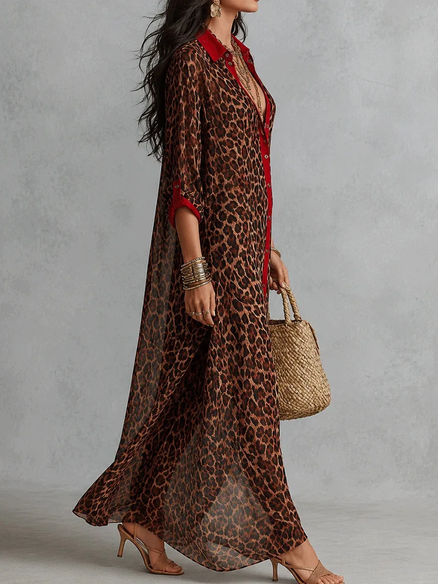 Vestido Camisero con Estampado de Leopardo para Mujer, con Ribete Rojo, Cuello Solapa, Botones Laterales, Abertura Lateral, Estilo Kaftán, Holgado, para Playa, Vacaciones, Casual, Largo