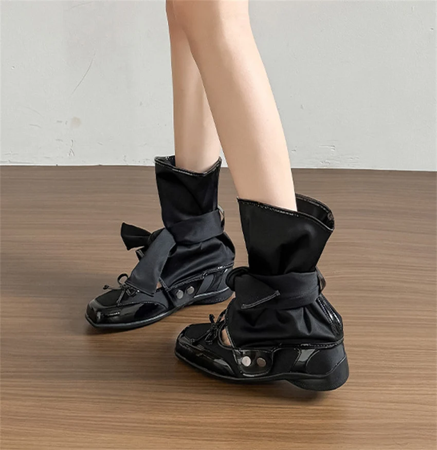 Botas de moda a media pantorrilla con lazo estilo Mary Jane, zapatos planos para mujer, novedad de verano 2026, botines cortos huecos de tres usos con plataforma extraíble.