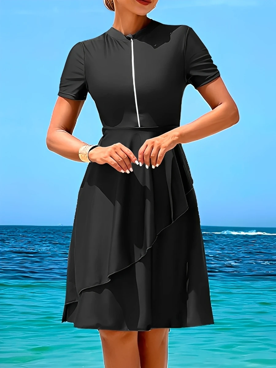 Traje de Baño de Dos Piezas con Cierre y Largo hasta la Rodilla para Mujer, Modelo 2026, Tankini, Vestido de Playa, Traje de Baño Sólido