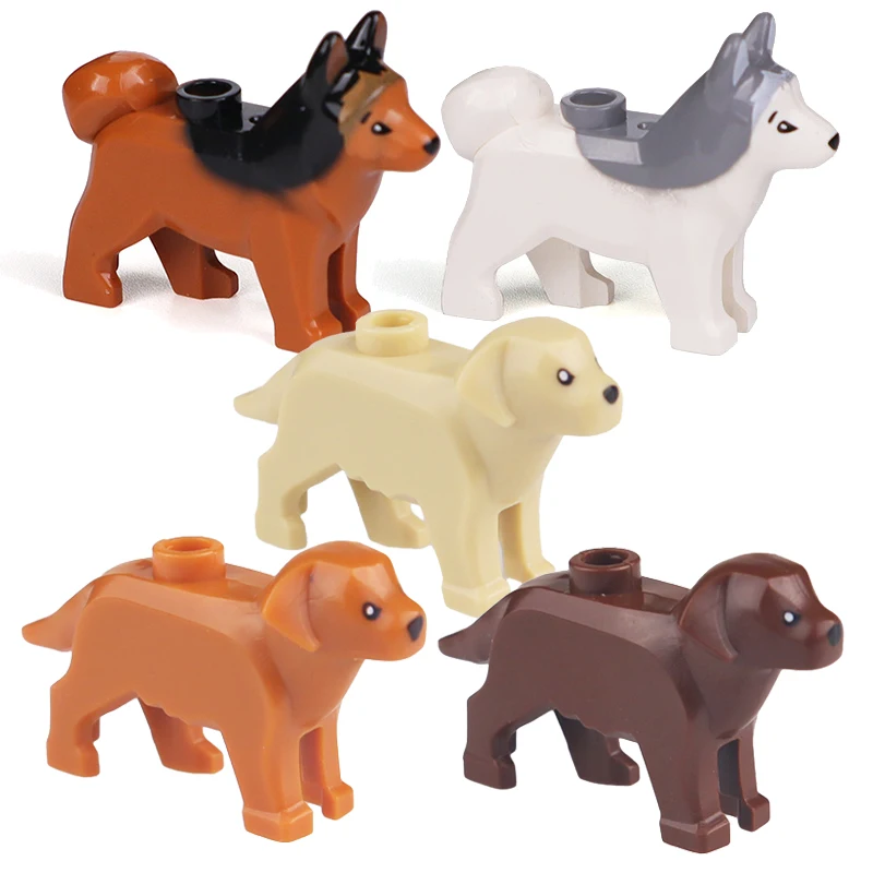 Bloques de Construcción Compatibles con Animales para Niños, MOC, Perro Policía de Pelo Dorado, Husky, Bulldog, Chihuahua, Ladrillos de Modelo, Juguetes DIY para Niños, 5 Piezas