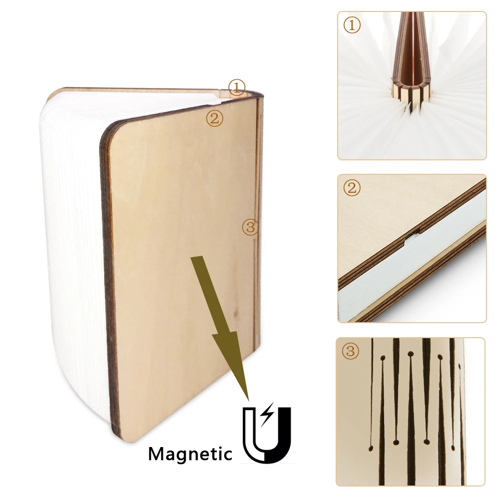 Luz LED nocturna de libro plegable de madera 3D, 3/5 colores de iluminación, 5V, recargable por USB, lámpara de mesa de escritorio magnética, decoración de cabecera de dormitorio