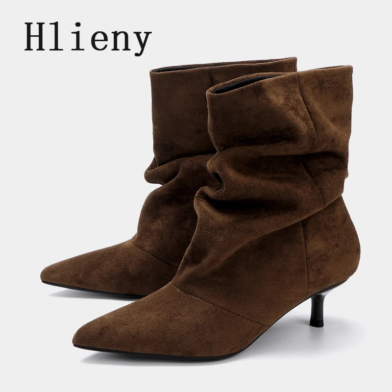 Liyke, zapatos de invierno de gamuza plisada para mujer, punta puntiaguda, tacones bajos y finos, botines de diseñador elegantes Retro para mujer, color marrón, Bottes Femme
