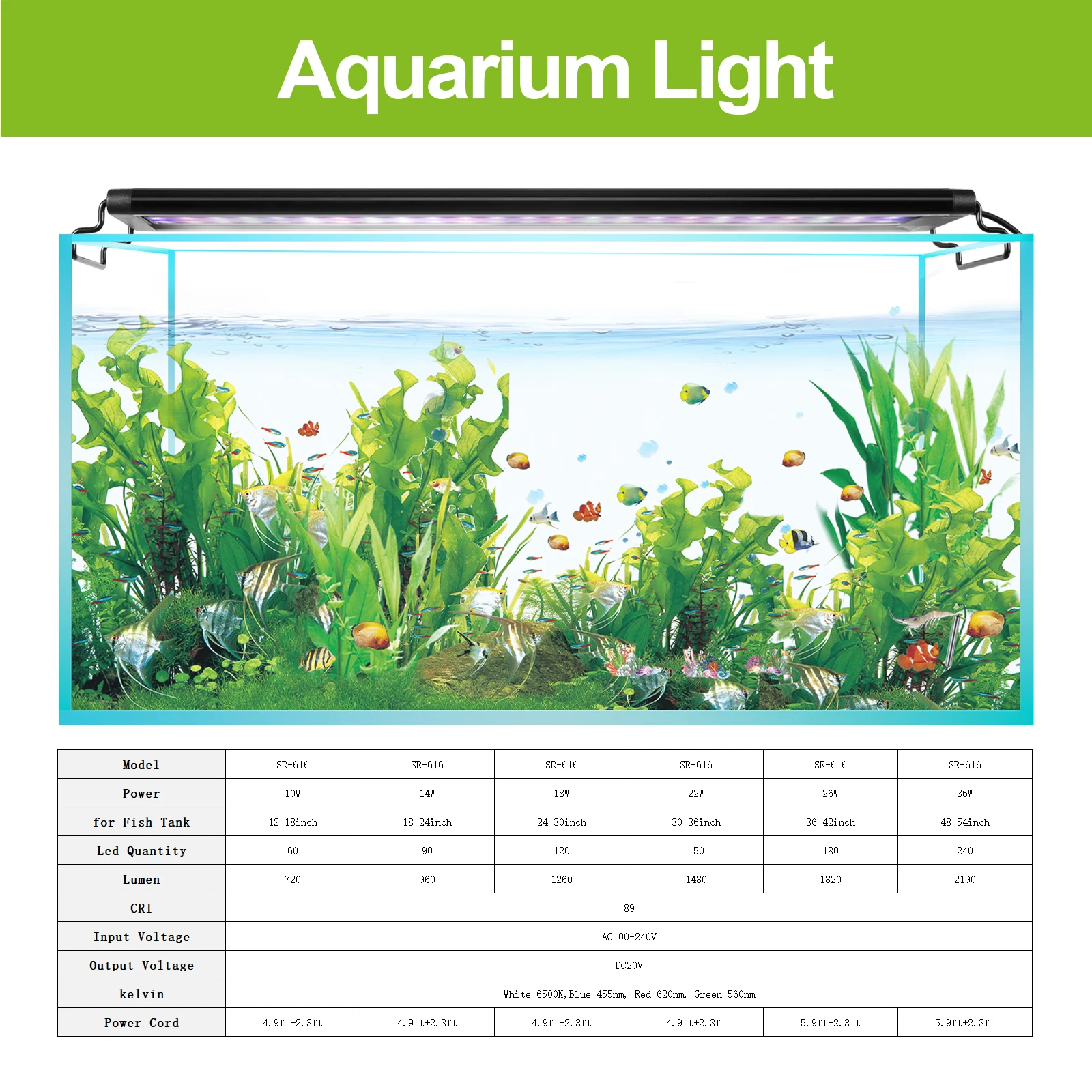 Luz LED regulable para acuario de 30-60CM pulgadas con temporizador y función de memoria de apagado, crecimiento de plantas para pecera, 100-240V