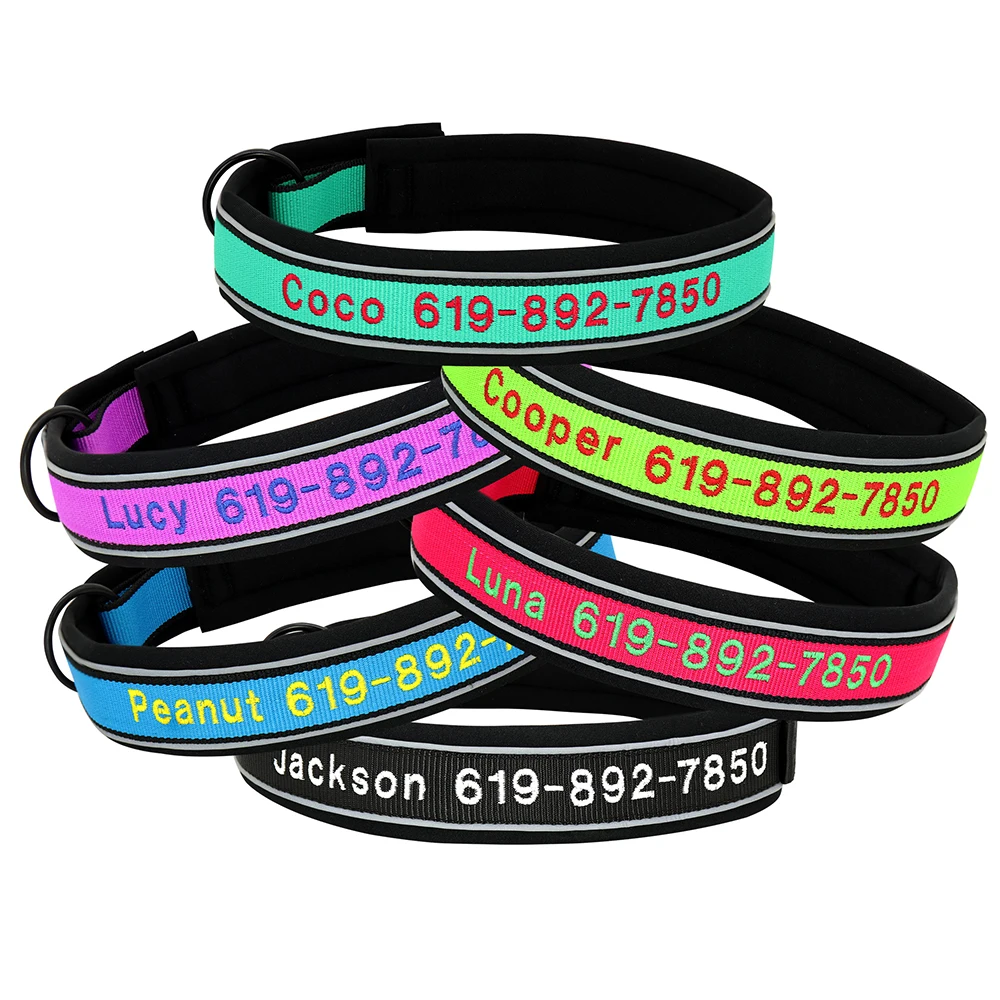 Collar de perro bordado personalizado, nailon reflectante, accesorios de nombre de identificación personalizado, collares acolchados para mascotas para perros pequeños, medianos y grandes