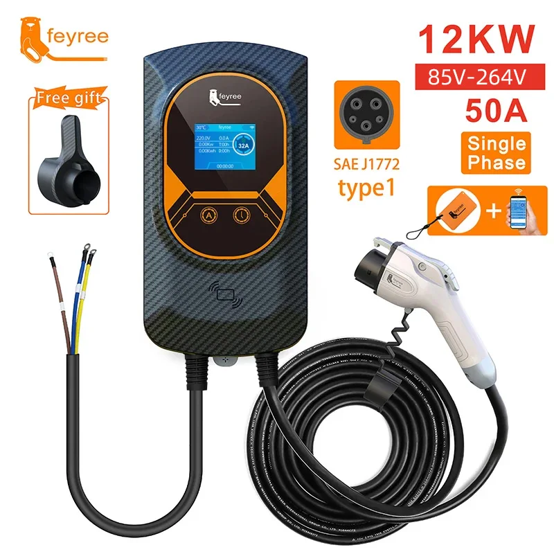 Cargador Feyree EV Tipo 1 EVSE Wallbox 32A 7.6KW 40A 9.6KW 50A 12KW Monofásico Adaptador J1772 Control por APP para Vehículo Eléctrico