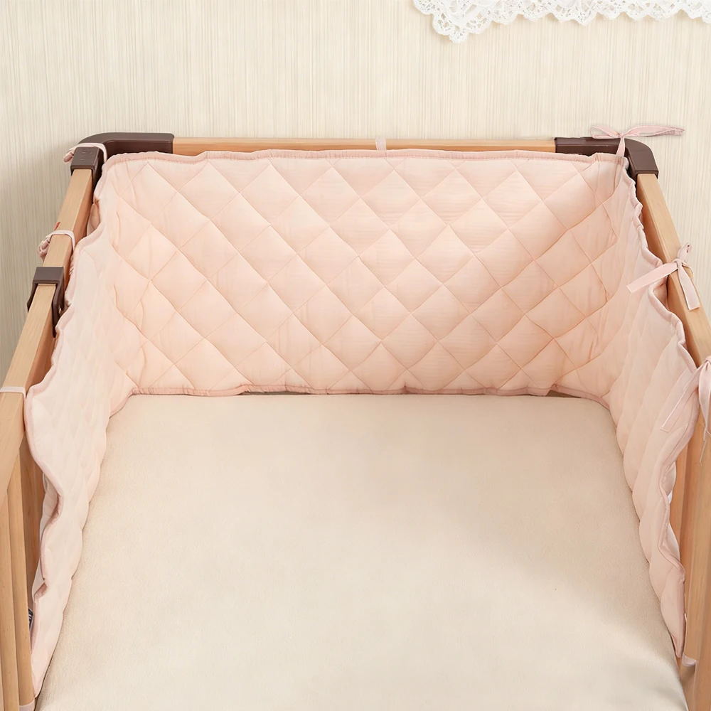 Parachoques en la cuna, cojín de cuna de una pieza a cuadros de crepé, protección para barra de cama de bebé, parachoques para cama de bebé suave para dormir de algodón Beige