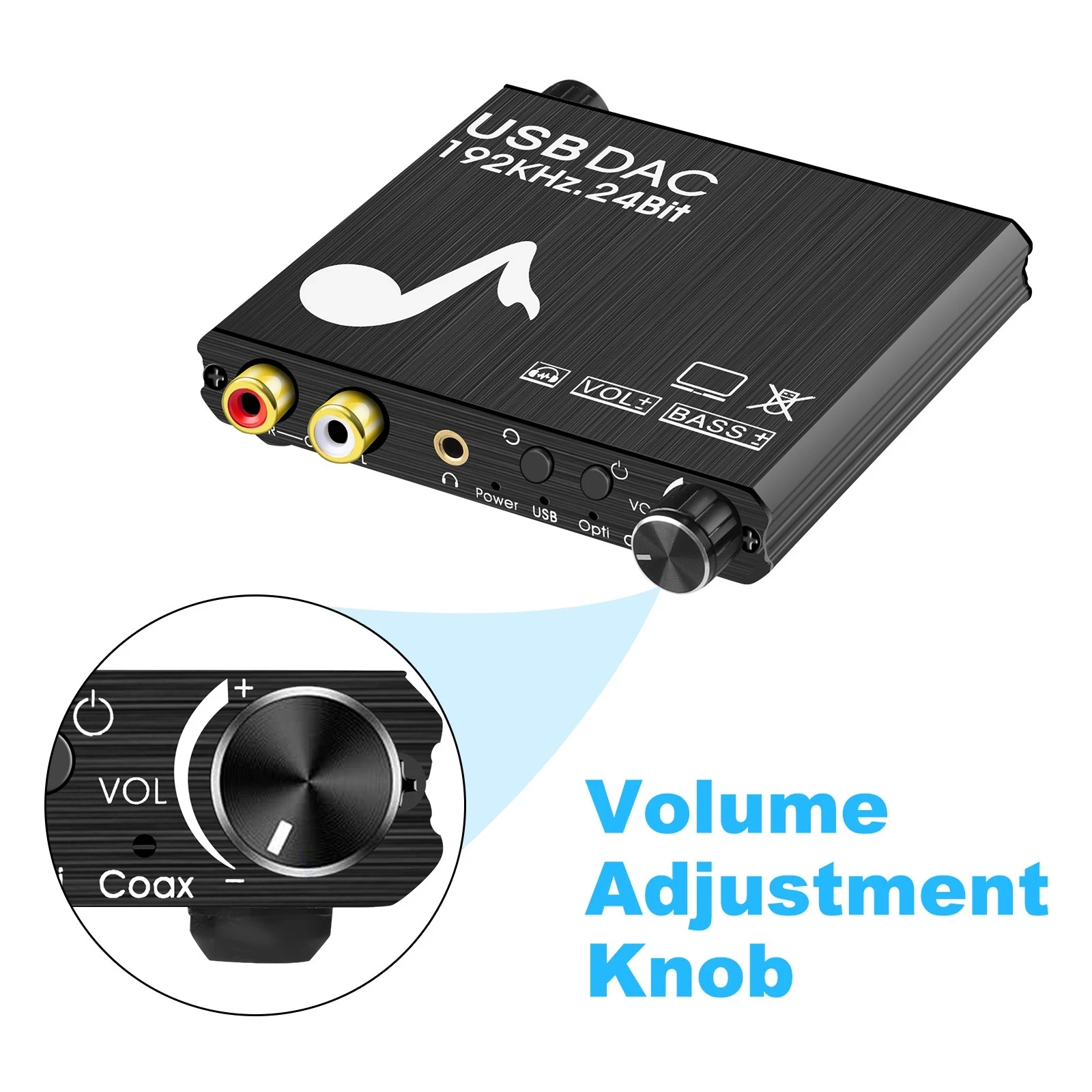 USB DAC 192kHz 24Bit Convertidor digital a analógico con control de graves y volumen Coaxial Toslink Estéreo L/R RCA