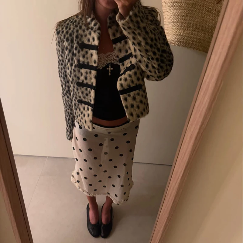 Chaqueta Corta de Mujer con Estampado de Leopardo y Piel Sintética, Estilo Vintage, Cuello Alto, Botones, Manga Larga, Ropa de Abrigo, Novedad 2026, Chaquetas Urbanas para Mujer