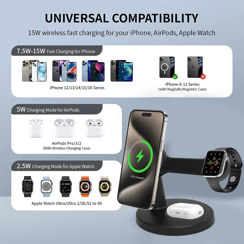 Soporte de cargador inalámbrico magnético 3 en 1 para Magsafe iPhone 16 15 14 13 Pro Max Apple Watch 9 8 AirPods Pro estación de carga rápida