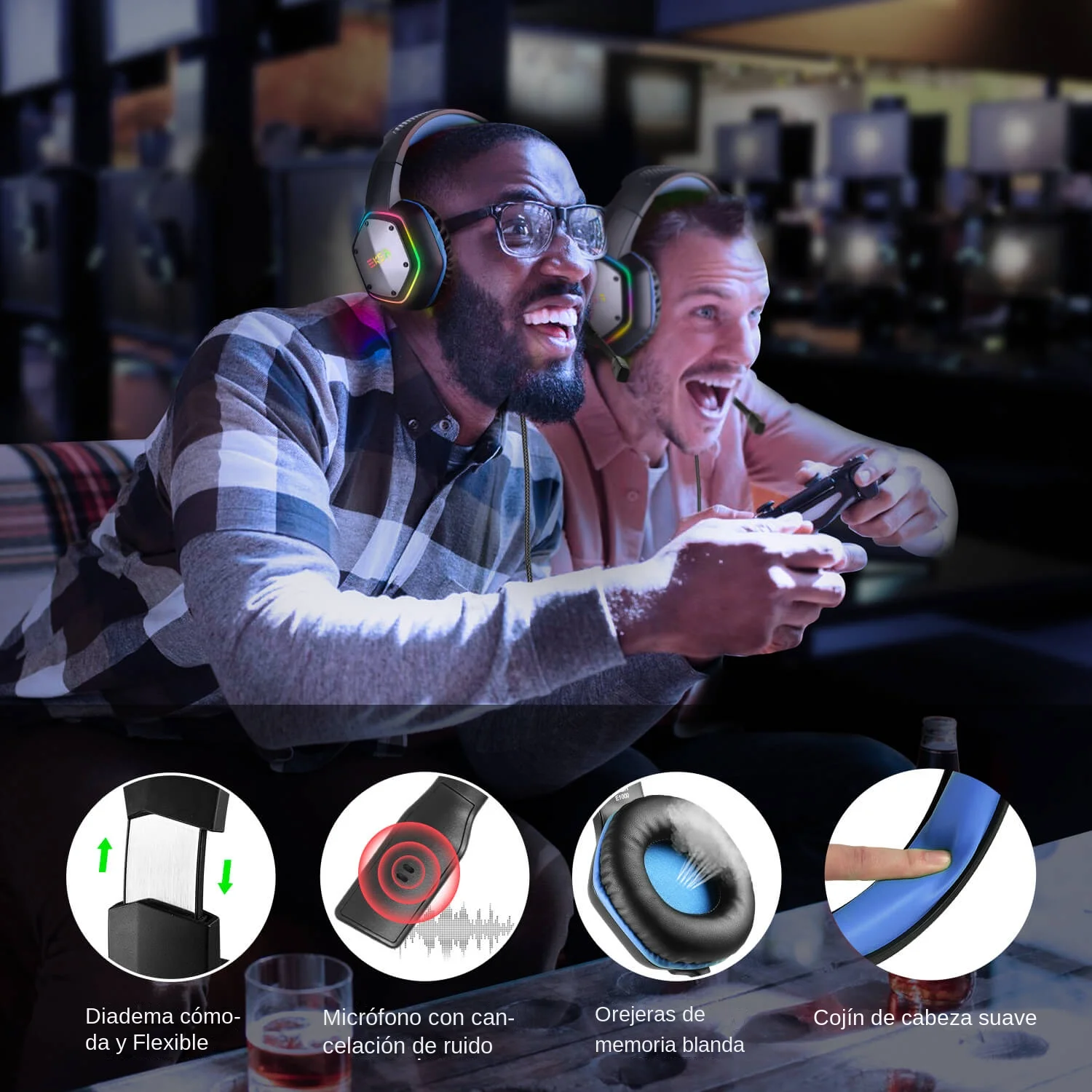 EKSA E1000 auriculares para juegos para PC/PS4/PS5 7,1 Surround RGB auriculares para juegos Gamer USB auriculares con cable con micrófono con cancelación de ruido