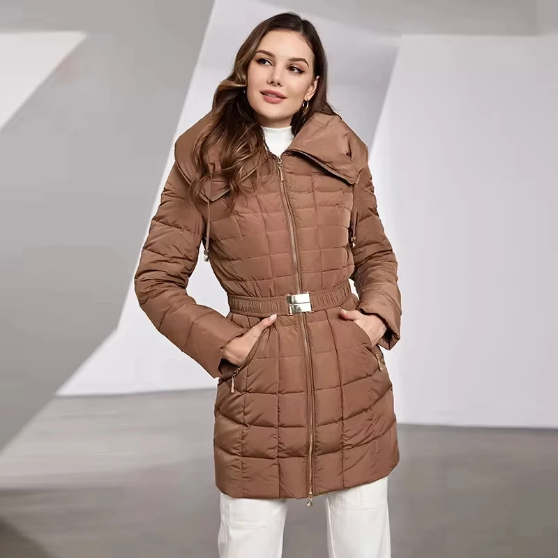 Astrid 2023 Nueva Chaqueta de Invierno para Mujer con Capucha y Cinturón, Parka Larga Acolchada Cálida, Abrigo Acolchado a Cuadros, Chaqueta de Plumón Gruesa para Nieve