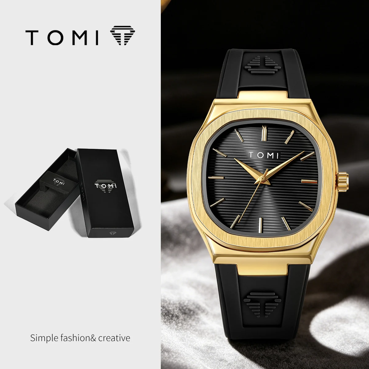 Reloj de Cuarzo TOMI 2026 para Hombre, Diseño Moderno, Esfera Cuadrada Simple, Correa de Goma, Resistente al Agua, Analógico