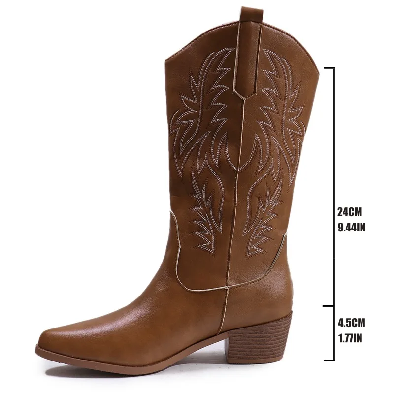 Botas occidentales para mujer, moda Otoño Invierno 2024, botas de vaquero de tacón grueso, estilo Vintage, botas de tacón alto de vaquera occidental campestre